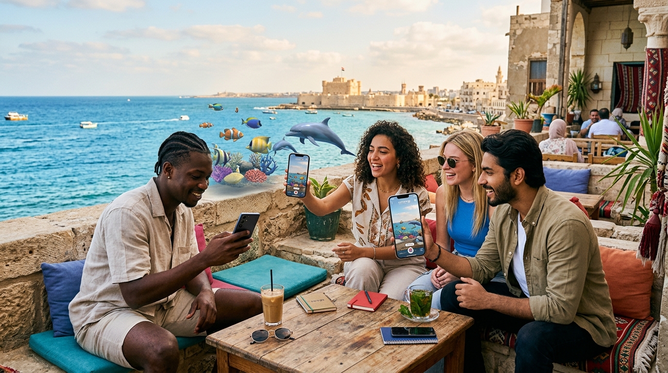 Young International Travelers Using Web AR on Red Sea Coast