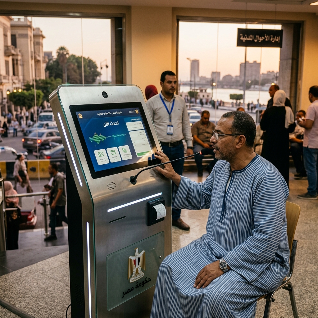 Egyptian Citizen Using Government Voice Assistant Kiosk in Cairo